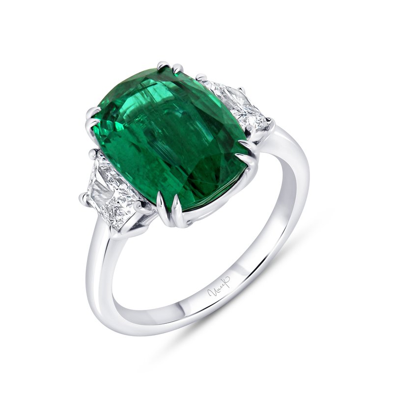 Uneek Platinum Three-Stone Cushion Emerald Ring LVS1020GCU
