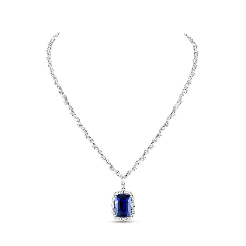 Uneek 18k White Gold Cushion Sapphire Halo Necklace LVN4194BSCU