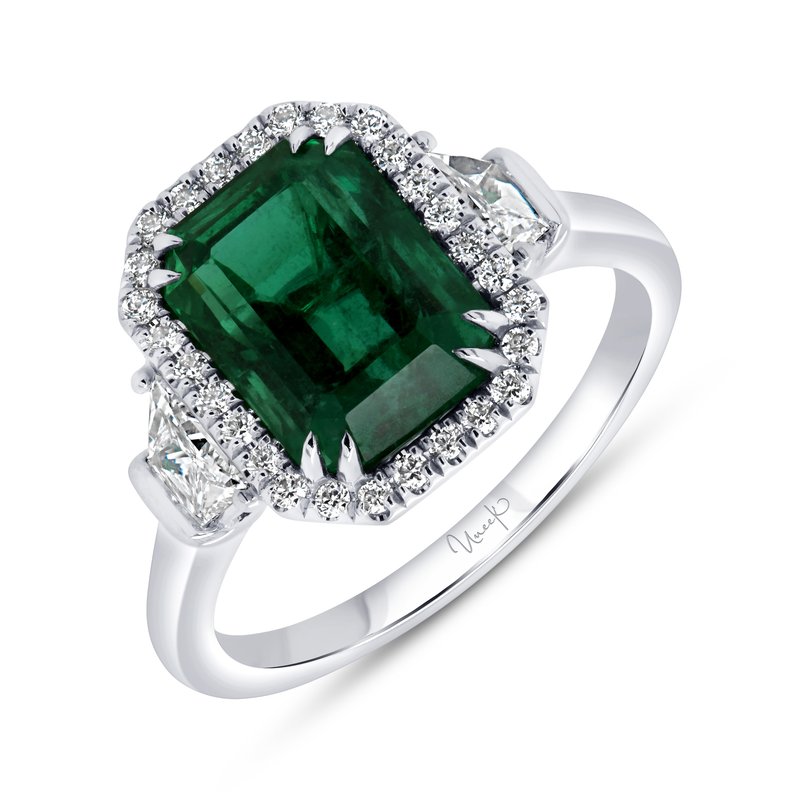Uneek Platinum Emerald Cut Emerald & Diamond Halo Ring R059GEMU