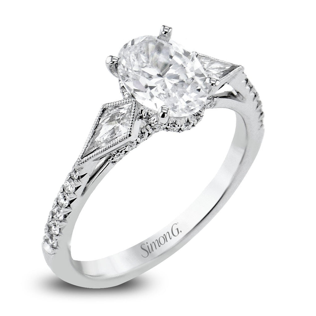 Simon G LR2976 Oval-Cut Three-Stone Engagement Ring in 18k White Gold with Diamonds