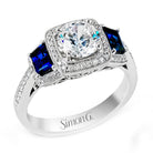 Simon G MR2247-A Round-Cut Three-Stone Halo Engagement Ring in 18k Gold with Diamonds & Sapphires