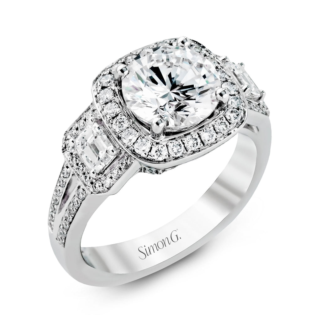 Simon G TR484 Round-cut Three-Stone Halo Engagement Ring in 18k Gold with Diamonds