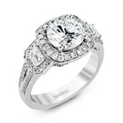 Simon G TR484 Round-cut Three-Stone Halo Engagement Ring in 18k Gold with Diamonds