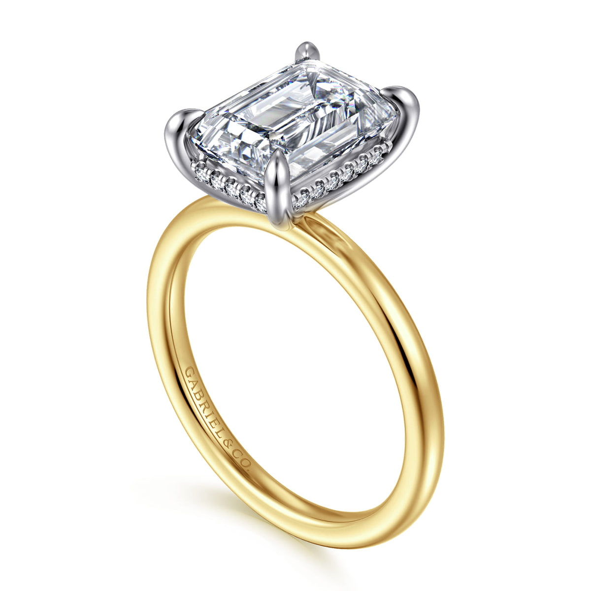 Gabriel & Co. 14k Two-Tone Gold 3.00ct Emerald Cut Diamond Hidden Halo Engagement Ring - angle view