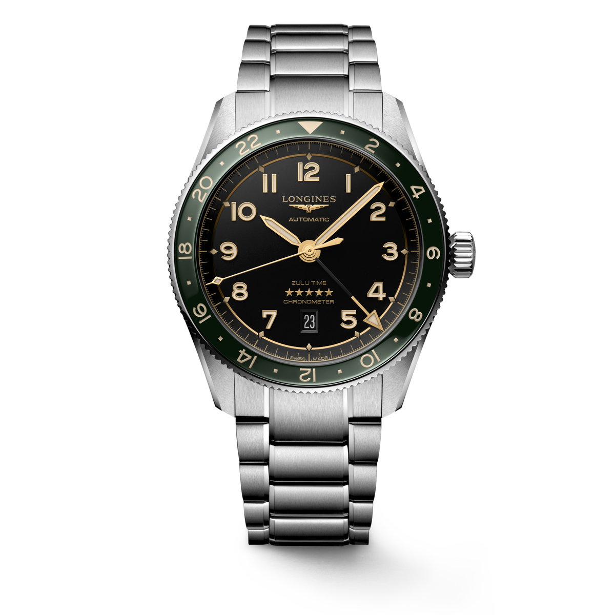 Longines Spirit Zulu Time 42mm Green Bezel Black Dial L3.812.4.63.6